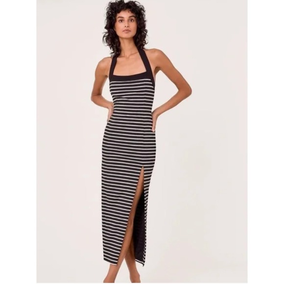 Nicholas Jane Dress Size Medium Black White Stripe Halter Neck Midi Bodycon Slit - Picture 1 of 13